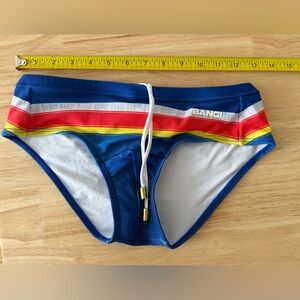 Bang! Mens Blue Swim Briefs with Red and Yellow Stripes XS